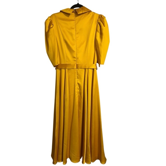 Mac Duggal Satin Lapel Puff Sleeve Tea Length Dress - Picture 3 of 8